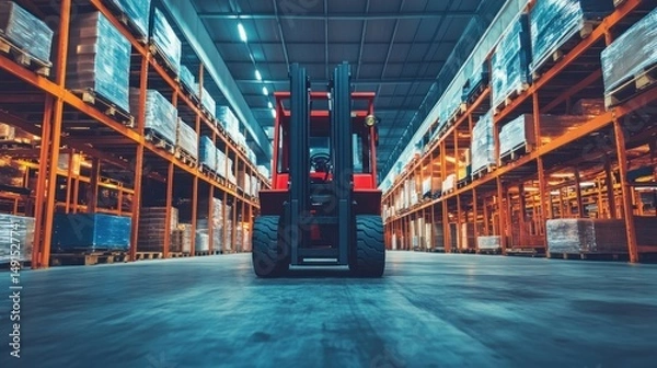 Obraz vibrant perspective of a red forklift positioned centrally withi