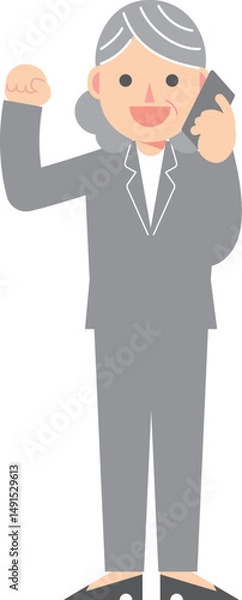 Fototapeta スマートフォンを片手にガッツポーズをするスーツ女性