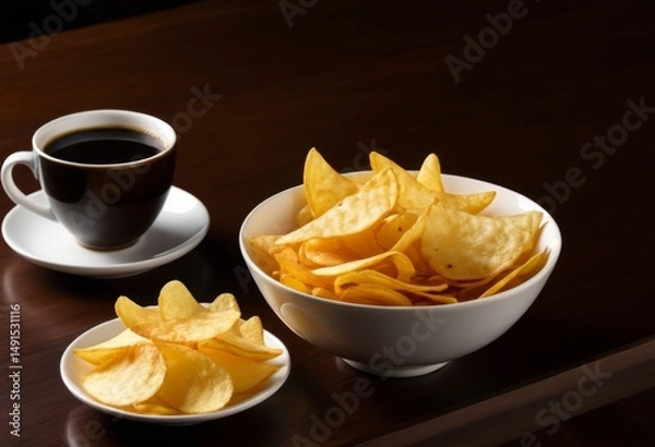 Fototapeta There's a bowl of chips and a cup of coffee on the table