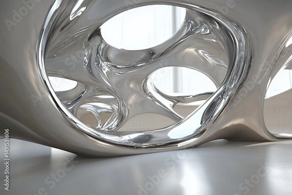 Fototapeta Abstract Silver Metallic Sculpture with Organic Openings