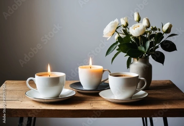 Obraz Two coffees and a candle on the table