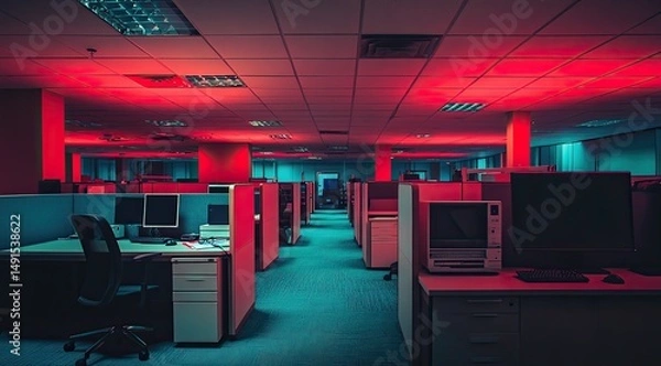 Fototapeta Empty office space bathed in red and teal lighting; rows of cubicles with outdated computers and empty chairs create a desolate, yet stylish atmosphere