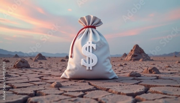 Obraz Financial opportunity in a dry landscape a bag of money symbolizing wealth and desolation