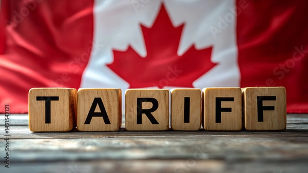 Fototapeta Blocks of wooden letters reading "T A R I F F" are arranged in neat rows, On a Canadian flag background.