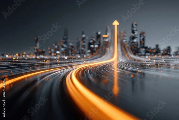 Fototapeta City Skyline and Technology. Abstract view of illuminated city with dynamic light trails leading forward.