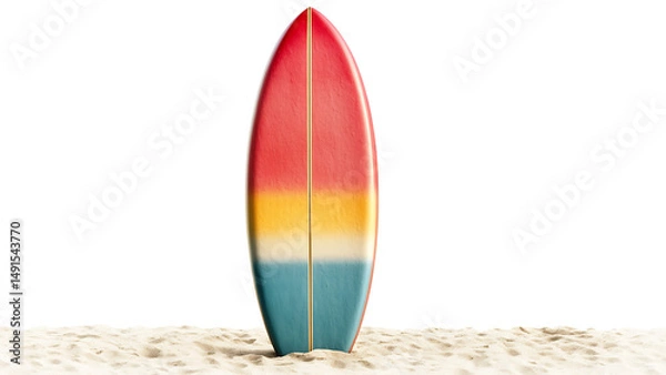 Obraz Tropical surfboard upright on beach sand, isolated on transparent background.