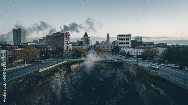 Fototapeta Cityscape view showcasing a large, dramatic sinkhole.
