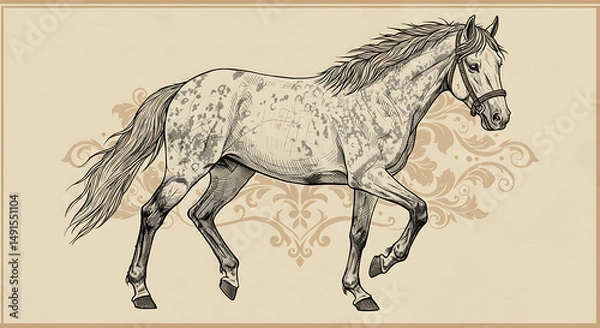 Fototapeta  Textured Horse Drawing with Ornamental Frame – Retro Animal Art