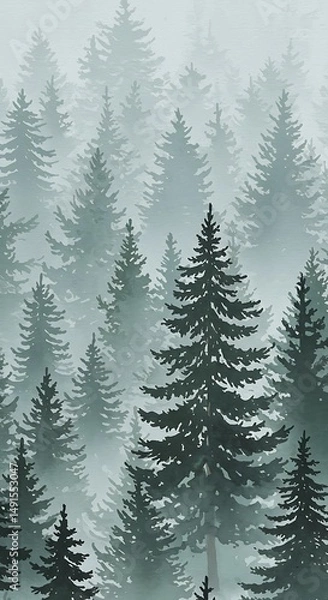Fototapeta Misty Pines: A Verdant Digital Illustration