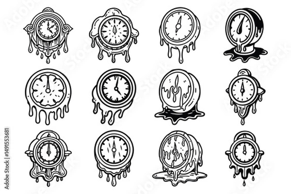 Obraz Set of vintage engraving style melting clock vector illustration on white background.