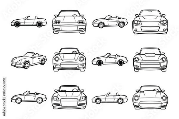 Obraz Set of vintage side,top front views of car line art vector illustration on white background.