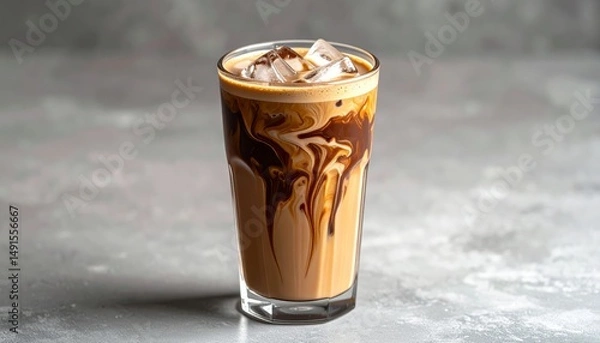 Fototapeta A cold glass holds a sweet iced coffee latte, a refreshing brown beverage with milk, while another offers a hot chocolate with ice, a unique chocolate drink