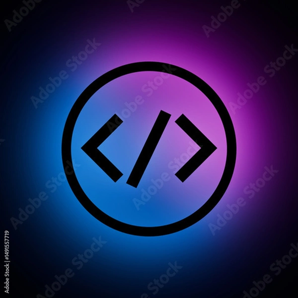 Fototapeta Code Circle icon with Blue and Purple Neon Light on Dark Background.