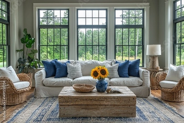 Fototapeta Nautical-inspired living room with navy blue and white stripes, gray sofa with sunflower pillows, rustic wood and wicker coffee table, vintage chairs by large window wall