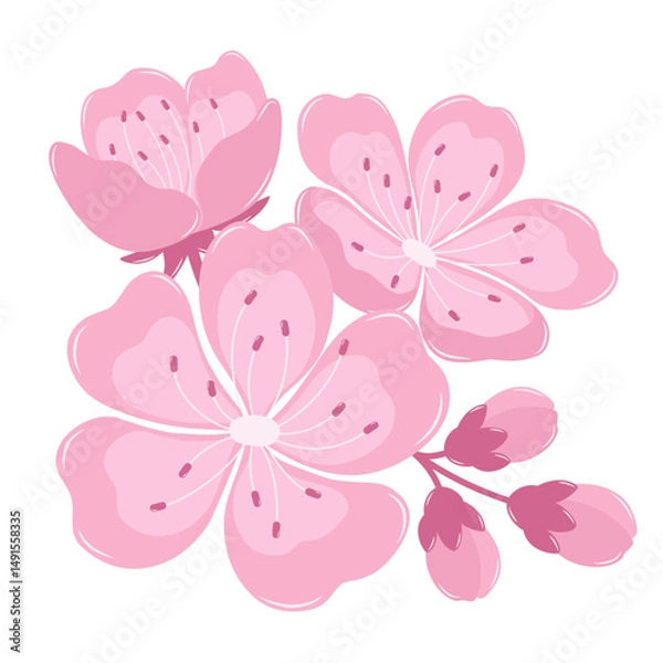 Obraz A Bunch of Cherry Blossom Flowers With Buds. Flat and Simple Pink Sakura.