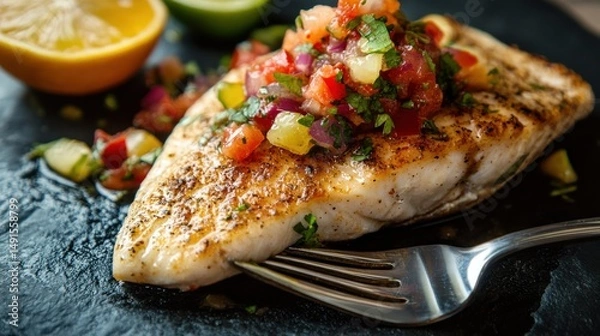 Fototapeta A delicate fish fillet topped with a zesty citrus salsa, served on a dark stone plate, with a fork cutting through the tender meat, emphasizing its freshness.