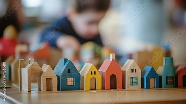 Fototapeta A set of small toy houses made of different materials (wood, plastic, fabric), arranged in a row on a play table, with a blurred background of a child engaged in play.