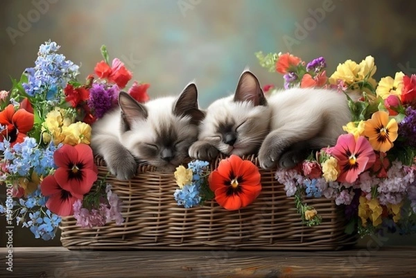 Obraz Sleeping kittens nestled in colorful flower basket indoor setting photography cozy atmosphere adorable scene