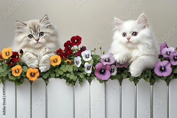 Obraz Playful kittens among colorful flowers indoor setting pet photography cozy environment close-up view whimsical concept