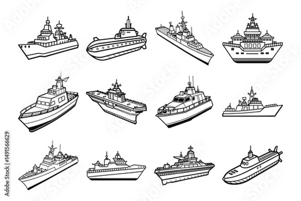 Obraz  Set of military vessel aircraft carrier, ship line art vector illustration on white background.
