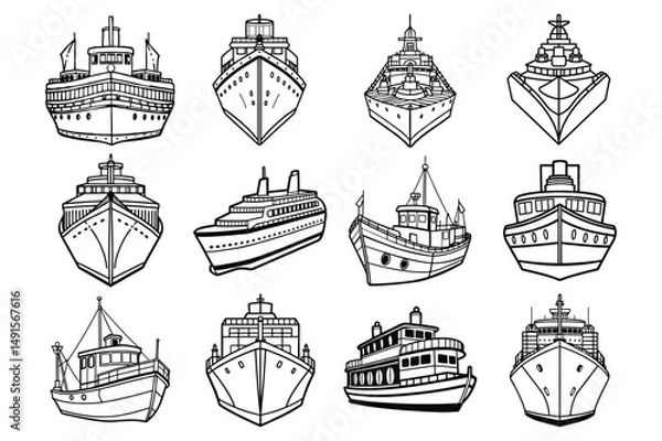 Obraz  Set of top, front views of cargo ship, ship, fishing boat line art vector illustration on white background