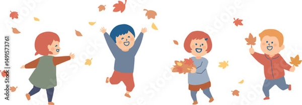 Fototapeta 落ち葉で遊ぶ子供たち