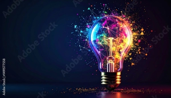 Fototapeta A vibrant light bulb emits colorful sparks and geometric shapes, symbolizing creativity and innovation against a dark backdrop