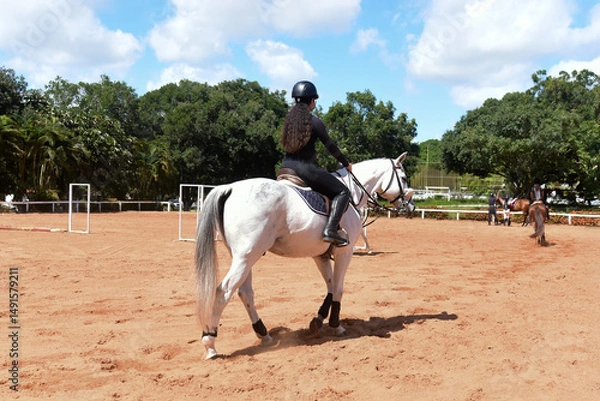 Fototapeta woman riding a horse, show jumping, equestrian show jumping, equestrian competition, rider show jumping, obstacle course, cross country show jumping, young woman, equestrian training, horse riding
