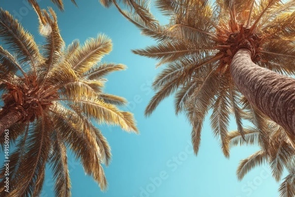 Fototapeta Tropical palm trees reaching for clear blue sky, worm's eye view, summer vacation vibes, exotic travel destination