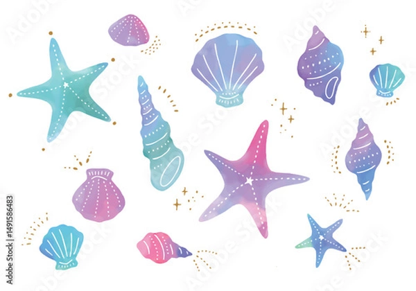 Obraz カラフルな水彩の貝殻のイラスト