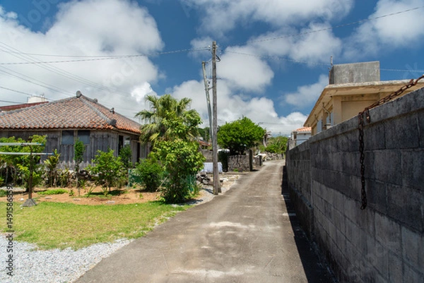 Obraz 天気の良い沖縄の田舎の路地裏の道