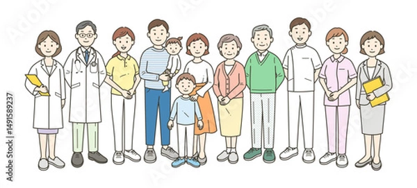 Fototapeta 高齢者夫婦と家族と医師と看護師と介護士とケアマネージャー栄養士が集合した全身イラスト