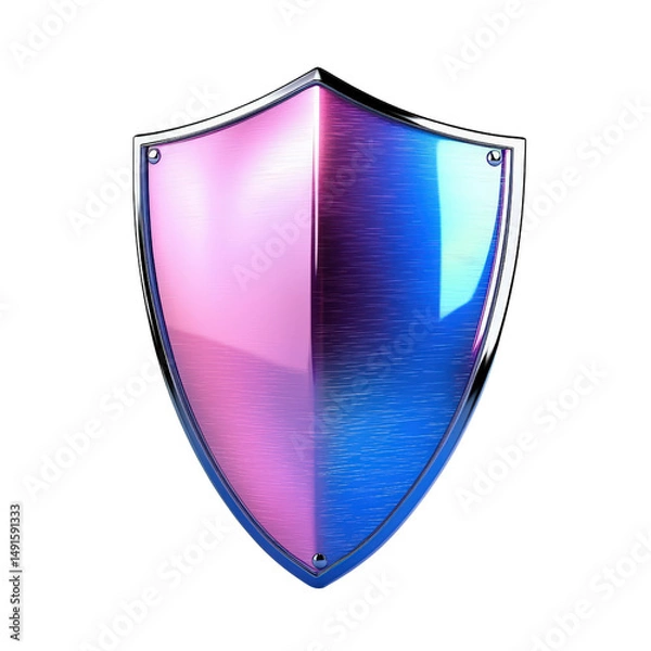 Obraz Shiny metallic shield with pink and blue gradient colors reflecting light on a white background symbolizing protection security and safety with high detail and glossy finish