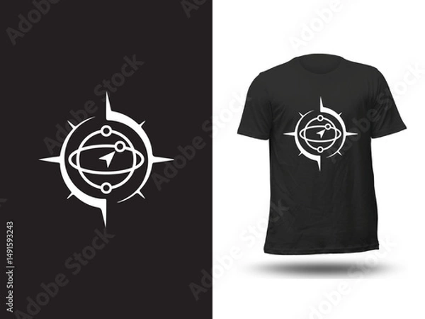 Obraz Futuristic Compass and Orbit T-Shirt Design – Space Navigation Vector Symbol Tee in White on Black

