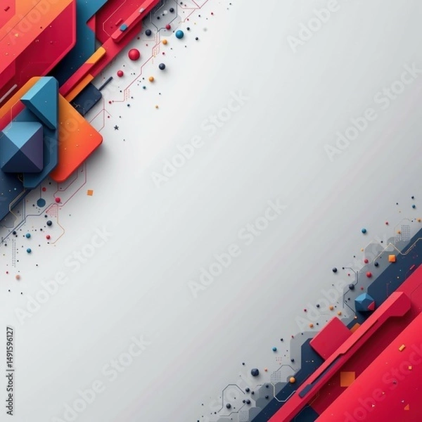 Fototapeta Abstract geometric shapes in red, blue, and orange frame a white background with a modern, tech-inspired design.