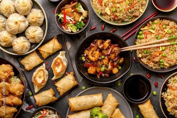 Fototapeta High Definition Visual of Chinese Takeout, TopDown View of Dumplings, Fried Rice, Spring Rolls
