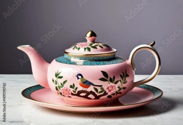 Fototapeta The plate contained a pink teapot with a bird on it