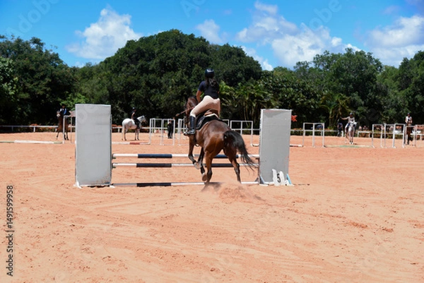 Fototapeta Show jumping,Horse jumping.Equestrian jumping,Jumping horse,Equestrian sport,Horseback riding,Equestrian competition,Rider jumping, Obstacle course, Cross-country jumping, Young woman
