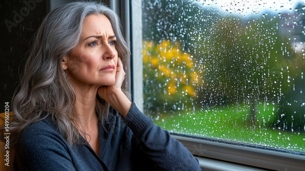 Obraz the woman sat by the rain streaked window, her eyes filled with sorrow as she stared out into the dreary gray sky, lost in her thoughts