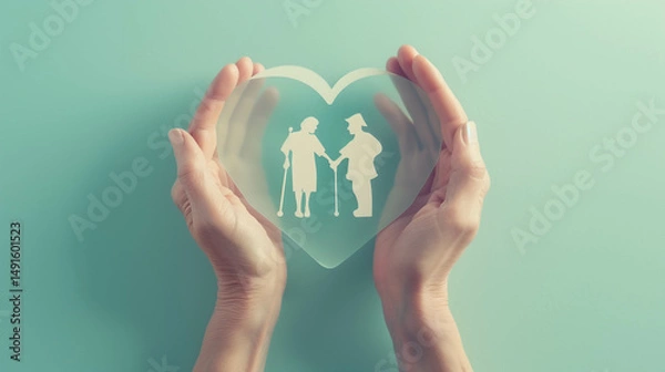 Fototapeta Hands holding transparent heart with elderly couple icon representing senior care and protection