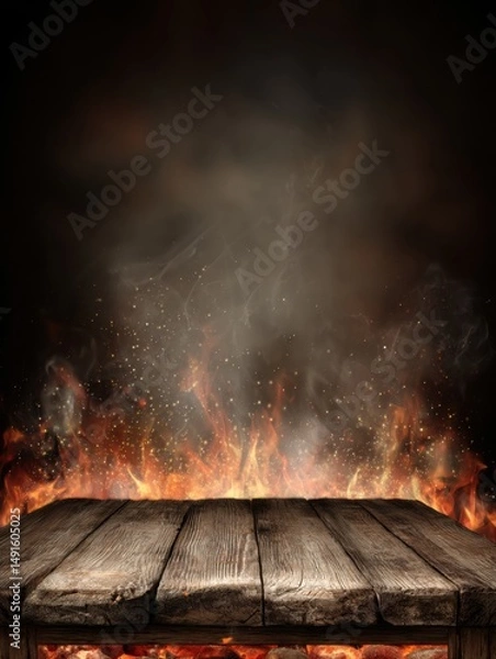 Fototapeta Rustic wooden table top with blazing fire background studio shot for product placement or promotional display
