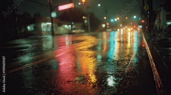 Obraz Vibrant Wet Asphalt Street at Night Featuring Fragmented Neon Light Reflections Creating an Urban Nightlife Experience