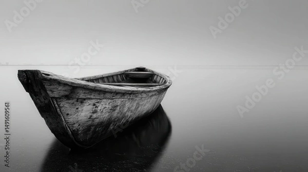 Fototapeta Weathered Wooden Boat Hull Half-Submerged in Still Water Creating a Reflective Moment of Nostalgia and Serenity