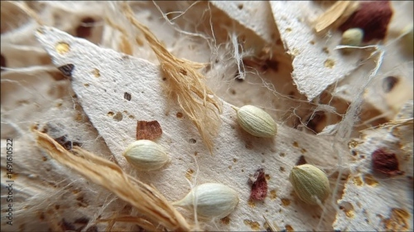Obraz Intricate Macro Detail of Recycled Paper Showcasing Natural Cellulose Fiber Strands for Sustainable Material Awareness