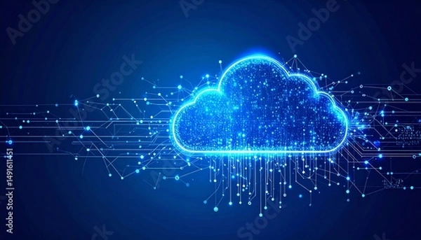 Obraz A digital cloud with glowing connections and data streams, symbolizing cloud computing and technology