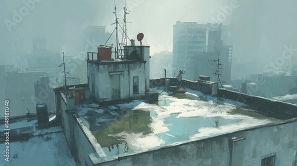 Obraz Captivating Aerial View of Urban Rooftop with Puddles After Rain Featuring Diffused Geometric Patterns Reflecting City Life and Renewal