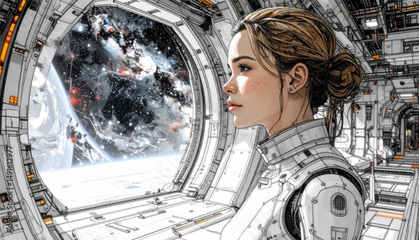 Obraz Female Astronaut Gazing into Deep Space from a Spaceship Window