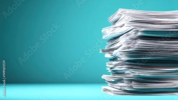 Fototapeta Stack of White Paper Documents on Teal Background Studio Shot Close Up Overload Bureaucracy Administration Pile of Files