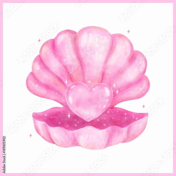 Obraz Vibrant Pink Open Clam Shell with Pearl Hearted shape Seashell Watercolor