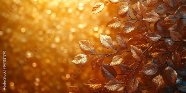 Obraz Gold Abstract Background. Golden Leaves on a blurred golden background, copy space